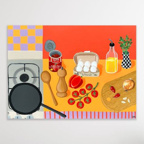 Worth the effort 76x101 cm acrylic on canvas Can you guess what’s my favourite brunch food?? 🌶️🧄🍅🥚 This original piece will be available on the 1st March (or 29th feb for newsletter subscribers!) as a part of my ”Brunch” collection. There will also be smaller print-to-order posters of it available on my website and I’m shamelessly going to get one for our kitchen 🤭❤️ #acrylicpainting #stilllife #contemporaryart #interiordesign #colourfulart #colourfulinteriors Food Acrylic Painting, 2024 Sketchbook, Joan Blond, Kitchen Illustration, Brunch Food, Marker Art, Dinner Table, Acrylic On Canvas, Painting Inspiration