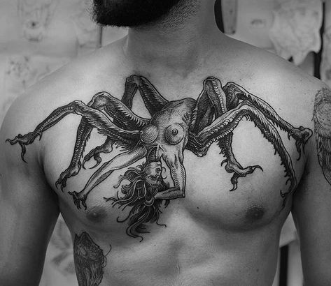 Human tarantula by @fredericorabelo 🕷 #THEDARKARTISTRIES Woodcut Tattoo, Monster Tattoo, Occult Tattoo, Grunge Tattoo, Demon Tattoo, Gustave Dore, Creepy Tattoos, Chest Tattoo Men, Dante Alighieri