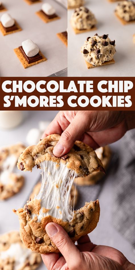 Things To Cook Dessert, Smores Stuffed Chocolate Chip Cookies, S'mores Chocolate Chip Cookie, Chocolate Chip Cookies Smores, S’mores With Cookie Dough, Giant Smores Cookie, S’mores Chocolate Chip Cookies Easy, Chocolate Chip Smores Bars, Make Ahead Smores