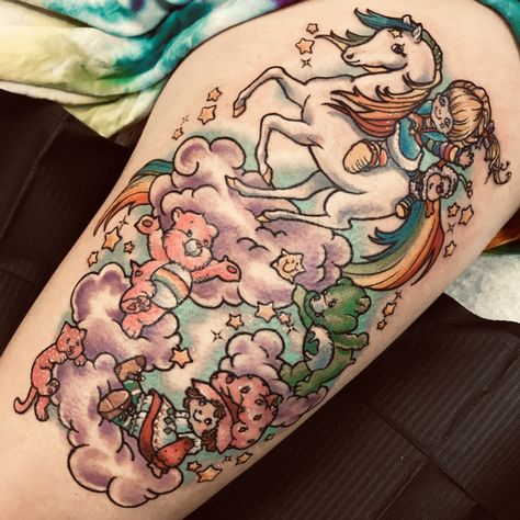 Cartoon Tattoos Disney, 80s Cartoon Tattoos, Bears Tattoo, Tattoos Disney, Care Bear Tattoos, Bright Tattoos, Strawberry Shortcake Cartoon, Cartoon Tattoo, Neck Tattoos Women