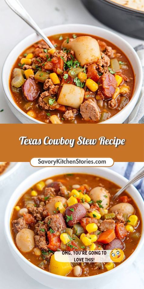 Savor the hearty flavors of Texas Cowboy Stew! This easy ground beef recipe features tender meat, fresh vegetables, and a zesty kick. Perfect for a cozy family dinner or meal prep, this stew is sure to become a favorite in your collection of ground beef recipes. Texas Cowboy Soup Recipe, Texas Cowboy Chili, What Can I Do With Stew Meat, Cowboy Stew With Baked Beans, Easy Cowboy Stew, Texas Soup Recipes, Texas Cowboy Stew Crockpot, Texas Cowboy Soup, Recipes With Stew Meat Beef