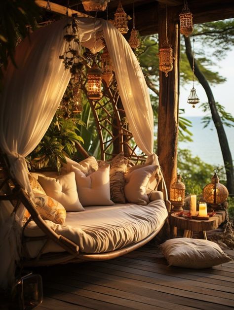 Foster a cozy reading nook in your Bohemian Lounge with a hammock chair, a variety of cushions, and a boho-chic bookshelf, creating a tranquil space for relaxation and introspection. See more on Nymphs Interior Blog. Hanging Egg Chair Decoration Ideas, Cozy Reading Nook In Bedroom, Bohemian Reading Nook, Reading Hammock, Outdoor Reading Area, Bali Villa Interior, Boho Reading Nook, Chic Bookshelf, Boho Hammock