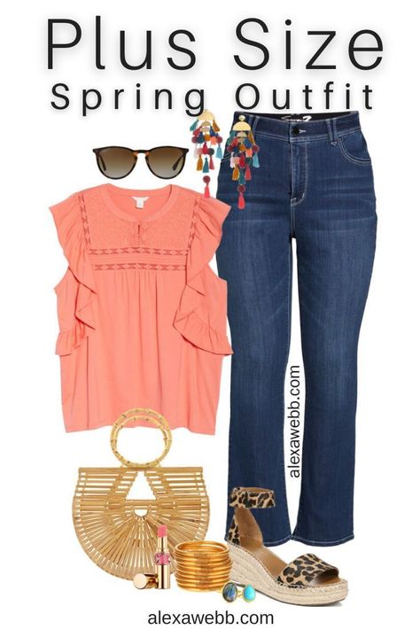 Plus Size Boho Spring Outfit with coral top, bootcut jeans, bamboo bag, leopard espadrille sandals, and statement earrings - Alexa Webb Spring Beach Outfits Plus Size, Boho Spring Outfits Plus Size, Women’s Summer Fashion Plus Size, Spring/summer 2023 Plus Size Outfits, Plus Size Fashion For Women Summer, Casual V-neck Kimono With Boho Print, Vegas Summer, Spring Outfits Boho, Comfy Jeans Outfit