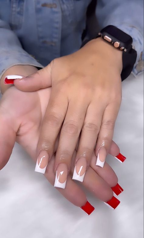 By @nailzbyauzaraia White French Tip Nails With Red Bottoms, White French Tip With Red Bottoms, White French Tip Red Bottom Nails, Short Red Bottom Acrylic Nails, Red Bottom French Tip Nails, White Red Bottom Nails, Red Bottom Nails, Theme Nails, Future Nails