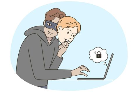 Man under mask hacking on computer online. Male criminal or scammer do illegal activity on internet. Fraud and scam. Vector illustration. Internet Scams, Kids English, Vector Art, Vault Boy, Vector Illustration, Computer, Clip Art, Internet, Fictional Characters