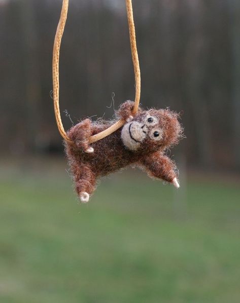 Needle Felt Monkey, Needle Felted Monkey, Monkey Necklace, Hanging Monkey, Baby Orangutan, Needle Felting Diy, Needle Felted Christmas, Needle Felting Tutorials, Cottage In The Woods