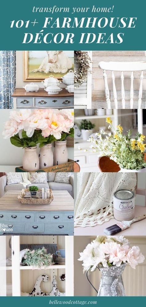 Transform your home! Regardless your budget, these 101+ farmhouse décor ideas will help you decorate your home in a cozy farmhouse style with ease. If you are looking for farmhouse décor DIY ideas, shopping suggestions, and inspiration, this is the list for you! #farmhouse #decor #interiors #bellewoodcottage Updated Farmhouse Decor, Farmhouse Decor For Bedroom, Basket Gallery Wall, Bathroom Farmhouse Decor, Bedrooms Farmhouse, Farmhouse Decor Bathroom, Decorated Kitchen, Farmhouse Decoration Ideas, Bedroom Farmhouse Decor