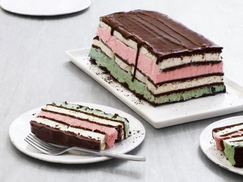 Neapolitan Ice Cream Sandwich Cake recipe from Food Network Kitchen via Food… Neapolitan Ice Cream Cake, Ice Cream Sandwich Cake Recipe, Cream Sandwich Cake, Ice Cream Sandwich Cake, Mint Chip Ice Cream, Chocolate Wafer Cookies, Neapolitan Ice Cream, Ice Cream Cake Recipe, Frozen Dessert Recipe