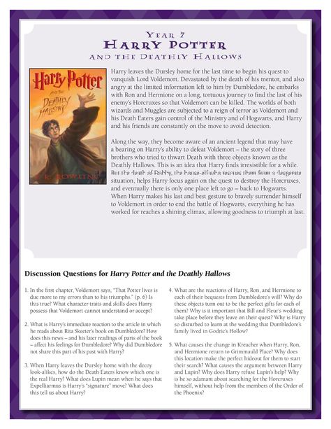 Discussion Guide for Harry Potter and The Deathly Hallows by J.K. Rowling.    Download by clicking image above!    For more information visit www.scholastic.com/hpread Harry Potter Class Books, Harry Potter Unit Study, Harry Potter And Deathly Hallows Part 2, Harry Potter And The Deathly Hallows Book, Harry Potter And The Deathly Hallows Book Cover, Harry Potter Activities, Harry Potter Printables Free, Deathly Hallows Part 2, Harry Potter Printables