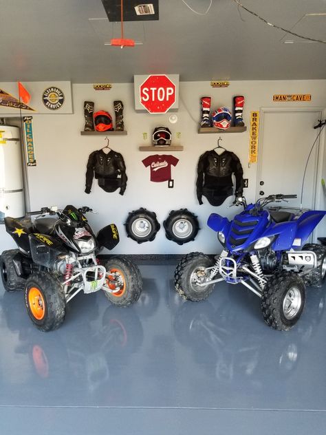 atv garage wall decoration Atv Garage Storage, Atv Garage, Atv Storage Ideas, Motocross Gear Storage, Hunting Side By Side Atv, Garage Walls, Garage, Monster Trucks, Dream House