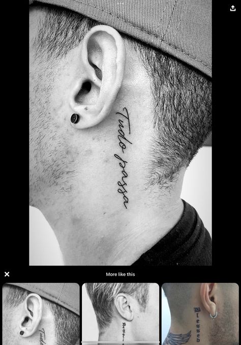 Name Tattoos Behind Ear Men, Neck Text Tattoo Men, Behind Ear Tattoo Men Words, Word Neck Tattoo Men, Neck Font Tattoo, Side Neck Word Tattoo, Small Face Tattoo Men Under Eye, Neck Font Tattoo Men, Behind Ear Tattoo Men