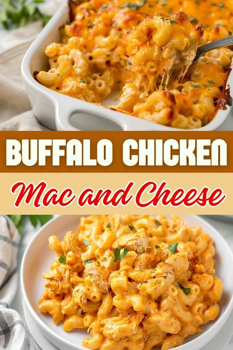 Buffalo chicken mac and cheese is the ultimate homemade comfort food. From the tender pasta and buffalo chicken to the cheesy sauce, it's drool-worthy. Buffalo Mac N Cheese Recipe, Buffalo Chicken Mac And Cheese, Buffalo Mac And Cheese, Mac And Cheese Healthy, Chicken Mac And Cheese, Buffalo Chicken Pasta, Homemade Comfort Food, Chicken Pasta Bake, Cheesy Sauce