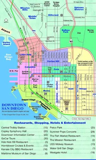 Gaslamp San Diego, Little Italy San Diego, San Diego Gaslamp, San Diego Map, San Diego Attractions, India Street, San Diego Bay, Petco Park, Tourist Map