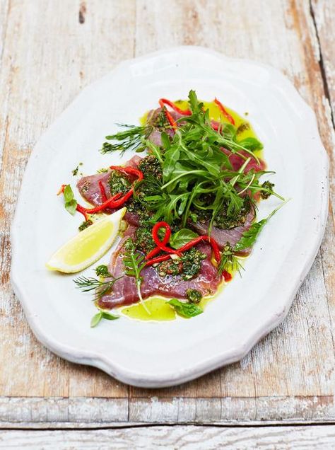 Sicilian-style tuna carpaccio | Jamie Oliver | Food | Jamie Oliver (UK) Tuna Carpaccio Recipe, Tuna Carpaccio, Carpaccio Recipe, Jamie Oliver Recipes, Tuna Recipes, Think Food, Tuna Salad, Jamie Oliver, Fish Dishes