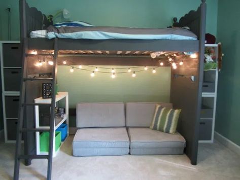 Under Loft Bed Ideas Kids, Lofted Bed Ideas, Under Loft Bed Ideas, Loft Bed Decorating Ideas, Boys Loft Bedroom, Boys Loft Beds, Loft Bed Ideas For Small Rooms, Loft Beds For Teens, Cool Loft Beds