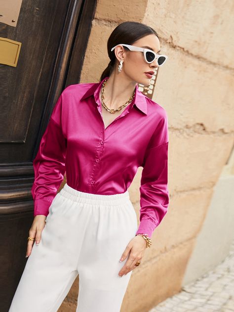 Satin Shirt Outfit, Silk Blouse Outfit, Silk Shirt Outfit, Drop Shoulder Shirt, Satin Shirt, Solid Color Shirt, Style Noir, Simple Shirts, Women Blouses