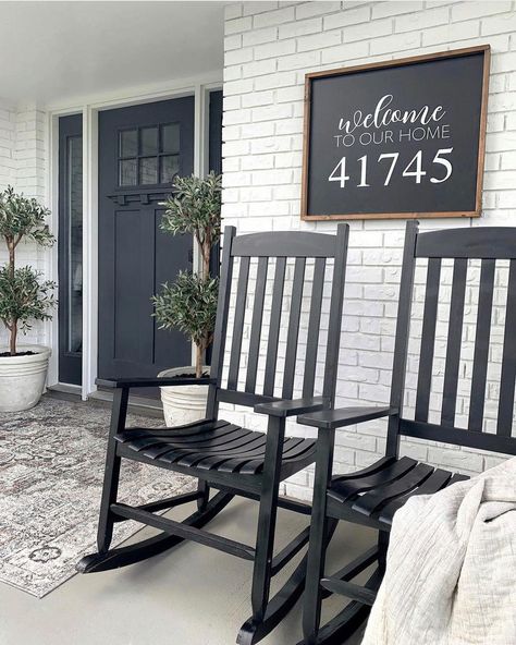 Blessed Ranch, Front Porch Furniture, House Front Porch, Farmhouse Front Porches, Porch Furniture, Welcome To Our Home, Front Porch Decorating, Number Sign, Mitered Corners