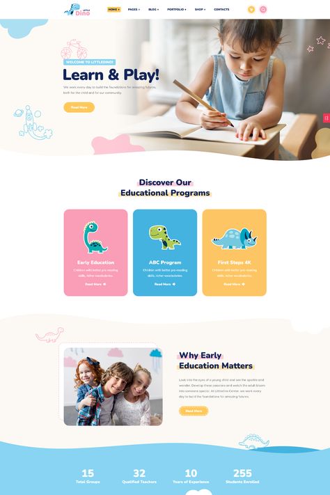 Littledino is a modern kids WordPress theme available on ThemeForest. It is specifically designed for websites related to children, such as daycare centers, nurseries, kindergartens, and preschools. The theme offers a range of features and customization options to create an engaging and child-friendly website. Kindergarten Website Design, Preschool Website Design, Daycare Website Design, Childcare Website Design, Kids Website Design Inspiration, Baby Website Design, Learning Center Design, Kids Website Design, Kindergarten Website