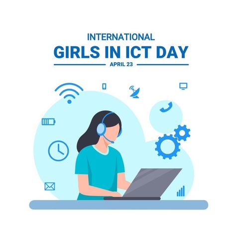 Vector illustration, a girl using a headset working with a laptop, with technology and information icons, as a banner or poster, International Girls in ICT Day. Ict Poster, Fun Sleepover Ideas, Sleepover Ideas, Poster Drawing, International Day, Digital Technology, Information Technology, Social Media Design, Preschool Activities