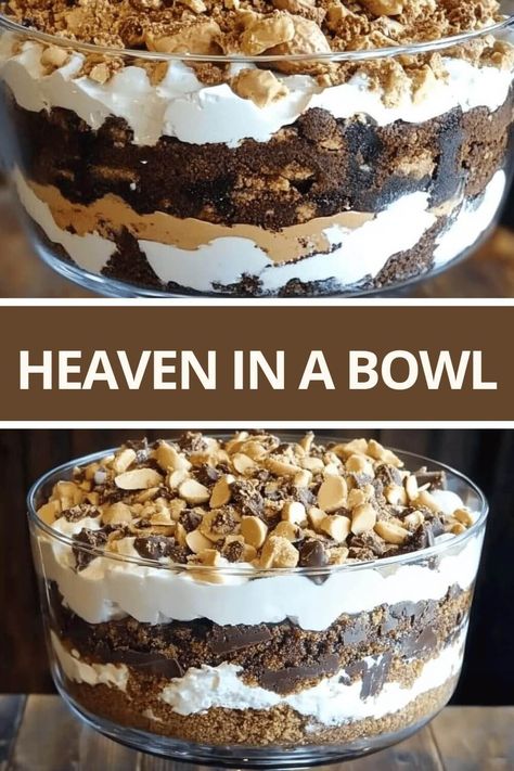 Punch Bowl Dessert Recipes, Pampered Chef Trifle Bowl Recipes, Donut Trifle Desserts, Candy Bar Pudding Dessert, Candy Shop Trifle, White Cake Trifle Desserts, Layered Dessert In Glass Bowl, Desserts Made With Reeses Peanut Butter Cups, Easy Thanksgiving Chocolate Desserts