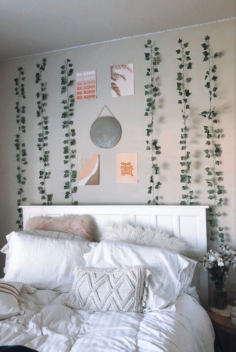 most of bedding from target & green vines from amazon! Where To Hang Up Vines, Preppy Room With Vines, Bedroom Decor Vines, Vine Bedroom Ideas, Vines Behind Bed, Vines Over Bed, Bedroom Ideas With Vines, Aesthetic Bedroom With Vines, Fake Vines Decor Bedroom Ideas