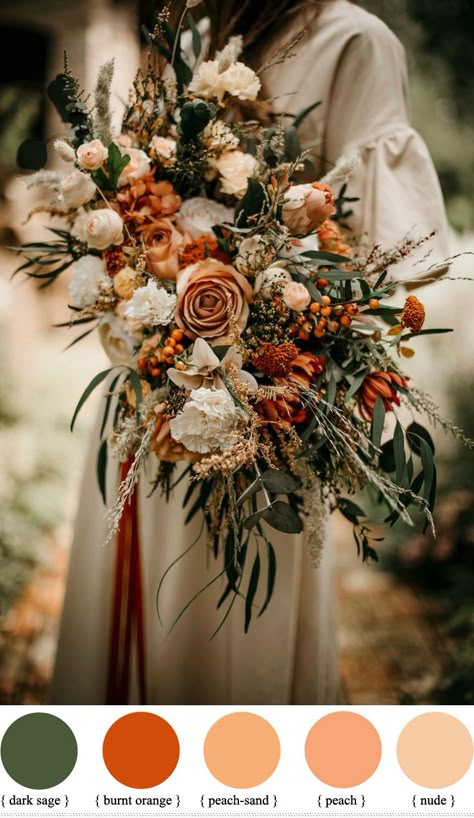 fall wedding colors, fall wedding color theme, autumn wedding colours, autumn wedding colour ideas, fall wedding colors bridesmaid dresses, september wedding colors, rustic fall wedding colors, fall wedding colors with black, fall wedding colors flowers, fall wedding colors with nude Boho Wedding Flowers Bouquet Fall, Terracotta And Greenery Wedding Flowers, Fall Wedding Flower Arrangements Bride Bouquets, Western Floral Arrangements, Natural Wedding Flowers, Peach Wedding Bouquet, Wedding Themes Fall, Wedding Colours, Fall Wedding Bouquets