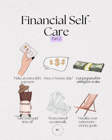 More ways to practice Financial self-care ❤️ 1️⃣ Make an extra debt payment Yeah, I’m sure it would be more fun to spend that money on something else. BUT... Taking care of your debt will help you avoid extra interest + improve your cash flow over time. 2️⃣ Have a money date If you have shared finances with a partner be sure to include them! Money dates are a chance for you to review your finances + financial goals. Having these every once in and awhile can be helpful to keep on trac... Save More Money Aesthetic, No Spending Aesthetic, Spend Less Money Aesthetic, Financially Smart Aesthetic, Finance Goals Ideas, Low Spend Month, Money Saving Aesthetic, Financial Self Care, Debt Free Aesthetic