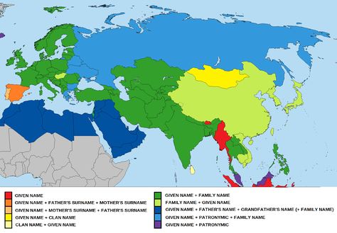 General naming formats/customs across Eurasia and North Africa - Imgur Traditional Names, Amazing Maps, Historical Maps, Person Name, Genetic, North Africa, World History, Genealogy, Geography