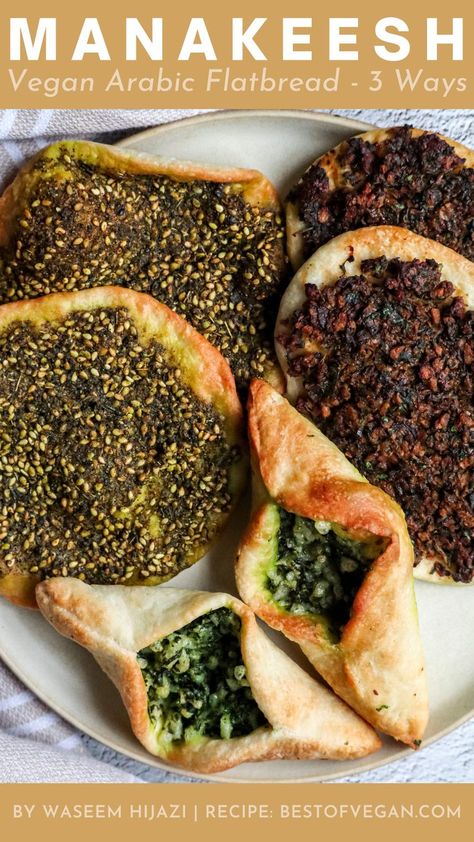 Manakeesh (Arabic Flatbread) – 3 Ways Middle East Recipes, Mediterranean Spices, Vegan Meat, Za Atar, Middle Eastern Recipes, Arabic Food, Flatbread, Plant Based Recipes, Parsley