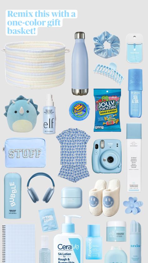 #comp #giftideas #blue #blueaesthetic #bluehues #aesthetic #vibes #monochrome #monochromatic #monotone #onecolor #summer #summeraesthetic #summer23 #preppy #preppyaesthetic #gifts #competition Blue Preppy Outfit, Blue Gift Basket, Girly Christmas Gifts, Preppy Accessories, Custom Gift Ideas, Blue Preppy, Birthday Presents For Friends, Preppy Gifts, Birthday Basket