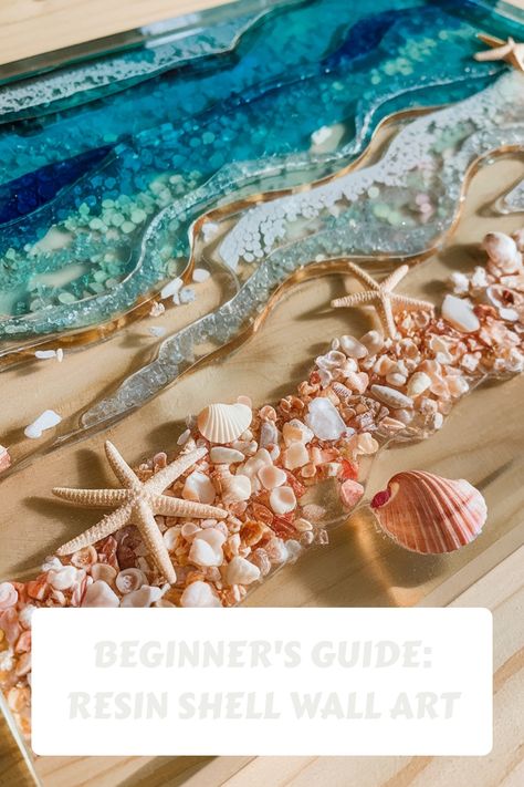 Resin shell wall art with starfish and seashells, featuring blue ocean waves. Seashell Canvas, Shell Wall Art, Coconut Shells, Acrylic Pouring Techniques, Textured Waves, Diy Resin, Decor Pieces, Shell Art, Art Business