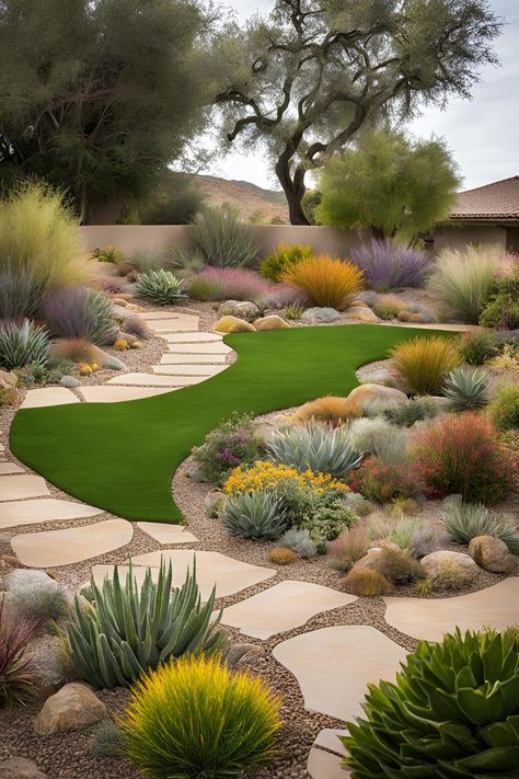 Drought tolerant Mediterranean-style front yard landscaping with heat tolerant plants and gravel Land Scape Design, Zero Landscape, Xeriscaping Ideas, Desert Landscape Front Yard, Drought Tolerant Landscape Front Yard, Landscape Front Yard, Full Sun Landscaping, California Landscaping, Desert Landscape Design