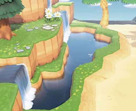 Acnh Island Edge Ideas, Island Design Acnh, Terraforming Animal Crossing, Acnh Terraforming Ideas, Acnh Island Designs, Animal Crossing Island Ideas, Acnh Terraforming, Acnh Inspiration, Animal Crossing 3ds