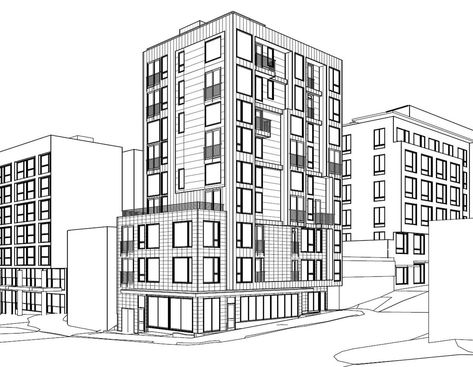 Apartment Building Drawing, Exterior Perspective Drawing, Buildings Drawings, Exterior Perspective, Student Accomodation, College Building, Cityscape Drawing, Architecture Sketches, Building Drawing