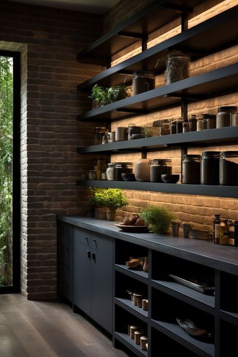 Industrial Butlers Pantry, Pantry Industrial Design, Dark Walk In Pantry, Black Kitchen Cabinets And Countertops, Industrial Pantry Design, Dark Industrial Kitchen, Pantry Cabinet Organization Ideas, Modern Bar Cabinets For Home, Industrial Pantry