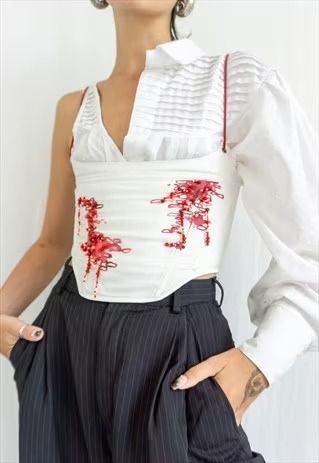 Meryl - White corset with red hand-painting and beading | Maria Jovrea | ASOS Marketplace Puffy Sleeves Shirt, Cotton Corset Top, Black Denim Vest, Cotton Corset, White Corset, Puffy Sleeves, White Brand, Fashion Shoot, Corsets