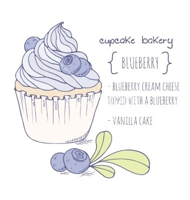 Blueberry Doodle Drawing, Blueberry Sketch Drawings, Cupcake Drawing Aesthetic, Blueberry Muffin Drawing, Cupcake Doodle, Cupcake Poster, Blueberry Cupcake, Desert Drawing, Cupcake Illustration