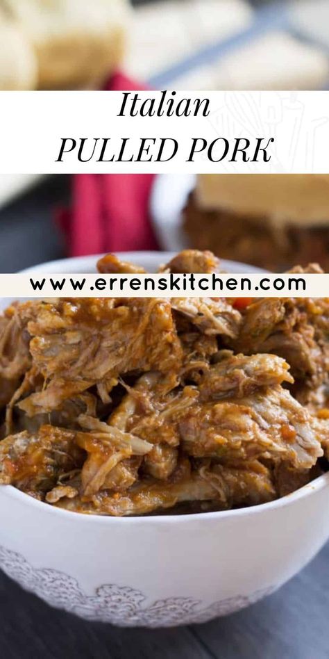 This Italian Pulled Pork is loved by the whole family and makes the best comfort food. Make into a sandwich, or mix with pasta, you can use this pulled pork for any time of the day! #ErrensKitchen #italian #italianrecipes #pulledpork #lunch #sandwichideas #sandwiches #lunchideas #recipe #dinner Italian Pulled Pork, Slow Cooker Italian, Pulled Pork Sandwiches, Pork Sandwiches, Crockpot Dinners, Dump Dinners, Yum Recipes, Slow Cooker Recipe, Slow Cooked Meals