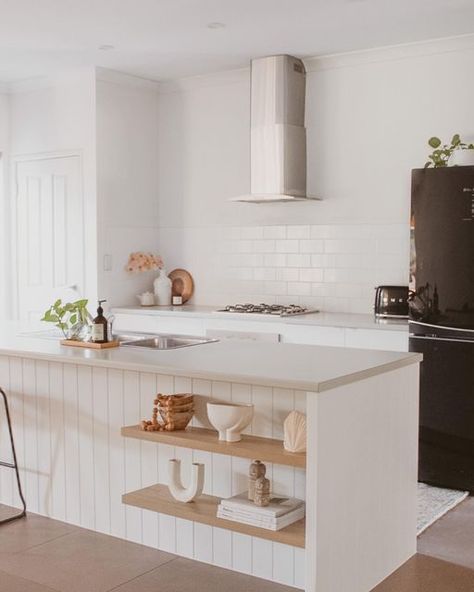 Panelled Kitchen Island, Kitchen Island Paneling, Bunnings Kitchen, Kitchen Cladding, Panelled Kitchen, Kitchen Island Panels, Timber Floating Shelves, Wooden Panelling, Kitchen Island Bench