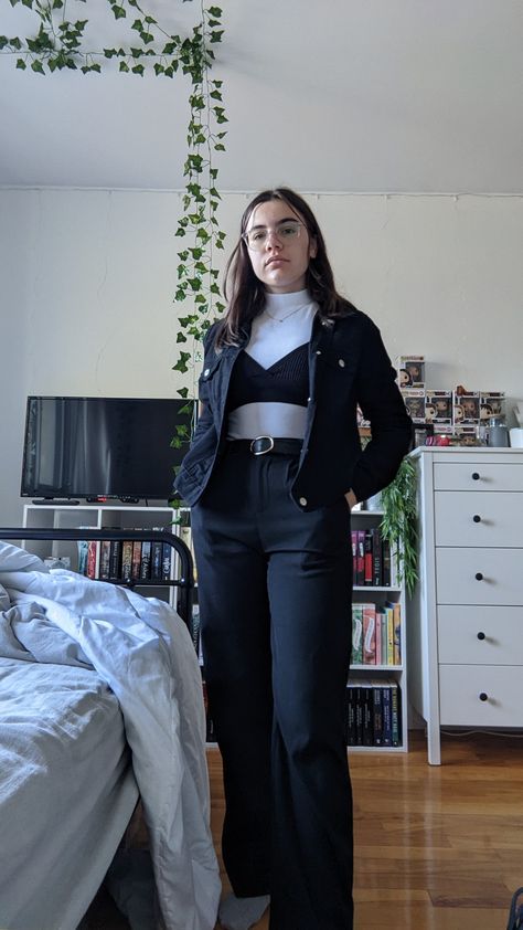 To recreate this outfit : black pants • white turtle neck shirt • black tank top • black jeans jacket • belt • accessories Jeans And Black Tank Top Outfit, Black Jeans Jacket, Black Tank Tops Outfit, White Turtle Neck, Jacket Belt, Turtle Neck Shirt, Wife Beaters, Black Jean Jacket, Chic Autumn