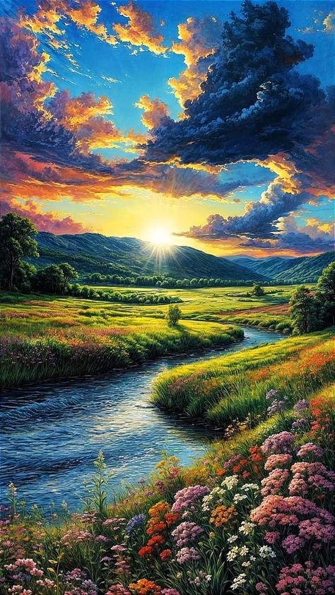 Monsoon Scenery Painting, Beautiful Scenery Paintings, Paint By Number For Adults, Canon Beach, Beautiful Meadow, Mountain Landscape Photography, Easy Flower Painting, Canvas For Beginners, Dreamy Landscapes