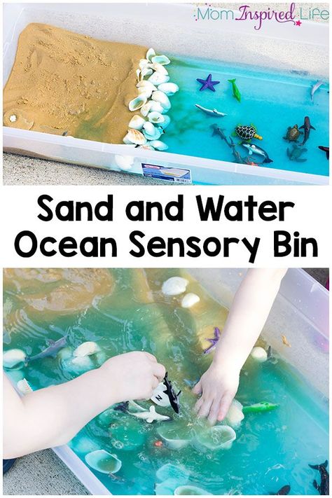 This sand and water ocean sensory bin is a fun way for kids to play and learn about the ocean habitat this summer! It's the perfect activity to celebrate the release of Finding Dory! Ocean Sensory Bin, Sensory Story, Ocean Sensory, Ocean Exploration, Ocean Habitat, Ocean Unit, Beach Week, Ocean Activities, Play And Learn