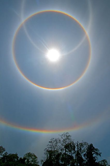 Rare optical phenomena known as high altitude solar halos. ~Photo by Steve Gettle Reflection And Refraction, Sun Dogs, Atmospheric Phenomenon, Ice Crystals, Natural Phenomena, Sky And Clouds, Alam Yang Indah, Beautiful Rainbow, Beautiful Sky