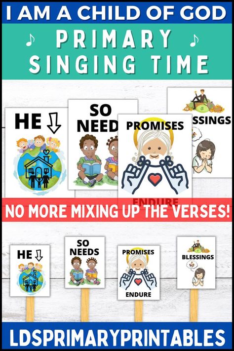 These LDS Primary Song I AM A CHILD OF GOD VERSE DIFFERENTIATION SONG VISUALS are perfect for a super easy, low-prep, fantastic way to help you and the kids remember which verse is which so they will never mix up the verses again! Perfect for at-home, in class, church, and primary singing time! #ldsprimaryprintables #ldsprimarysingingingtime #primarysingingtime #ldsprimarymusic #ldsprimarychorister #ldsprimarymusicleader #ldsprimary #ldsprimarysongs #iamachildofgod #primarysongs Lds Primary Songs, Primary Songs, Primary Singing Time, Primary Music, Printables Free Kids, A Child Of God, Lds Primary, Learning Time, Singing Time