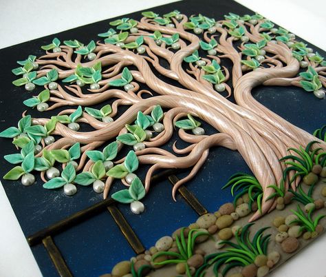 Polymer Clay Trees, Tree Clay Art, Lippan Art Tree, Snaps Captions, Polymer Clay Tree, Animals Clay, Polyclay Ideas, Clay Tree, Lipan Art