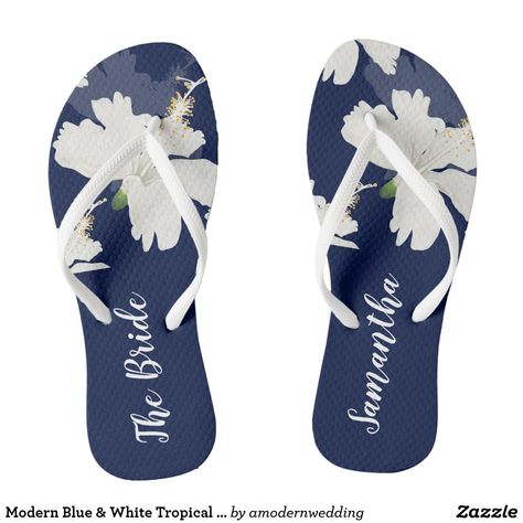 Modern Blue & White Tropical Bride/Bridesmaid Flip Flops Ladies Chappal, Tropical Bride, Pretty Flip Flops, Bridesmaid Flip Flops, Bridesmaid Sandals, Personalized Flip Flops, Beach Wedding Decor, Beachy Wedding, Minimalist Street Style