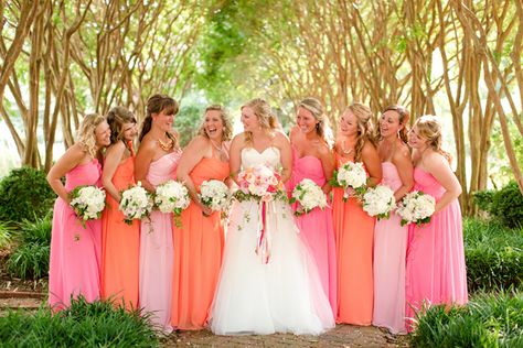 bright bridesmaids! | Katelyn James #wedding Pink Bridal Party, Outdoor Bridesmaid Dresses, Pastel Bridesmaids, Orange And Pink Wedding, Pastel Bridesmaid Dresses, Coral Bridesmaid, Orange Bridesmaid, Coral Bridesmaid Dresses, Orange Bridesmaid Dresses