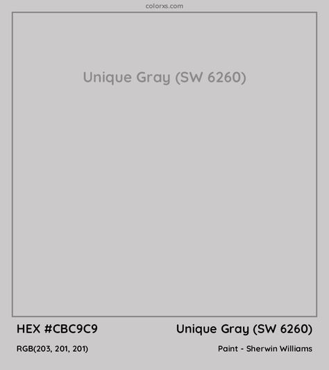 HEX #CBC9C9 Unique Gray (SW 6260) Paint Sherwin Williams - Color Code Sherwin Williams Unique Gray, Gray Hex, Munsell Color System, Agreeable Gray Sherwin Williams, Analogous Color Scheme, Sherwin Williams Gray, Paint Color Codes, Rgb Color Wheel, Kitchen Updates