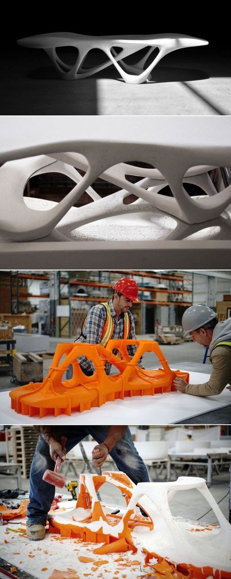 The Delicate Density Table is created using an intense concrete pour process. There are 23 pieces of PLA plastic molds that are fastened together to create a large 5ft investment moldable to withstand up to 200 lbs of unreinforced concrete. All of the parts are assembled together to form one singular PLA mold. 3d Printed Concrete Molds, 3d Printed Furniture, 3d Printed House, Printed Concrete, Concrete Table, Concrete Molds, Parametric Design, Mesa Exterior, Car Projects