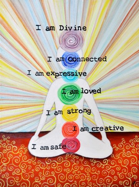 Original  pinned said :"I AM" Chakra painting by Dr. Laura Koniver. "If you could greet each day saying and *feeling* these truths, taking a moment to connect deeply with each one, your health would blossom (from bottom chakra to top): I am safe I am creative I am strong I am loved I am expressive I am connected I am Divine" I Am Divine, Chakra Painting, Manipura Chakra, Chakra Alignment, Yoga Decor, Sup Yoga, Seven Chakras, Yoga Exercises, Qi Gong